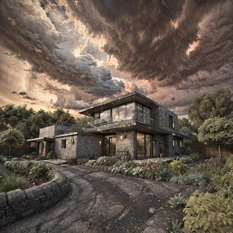 42352-4039994699-cinematic archviz design modern retrofuturistic villa with garden, sandstone old natural treebark asphalt, still life, evening s.png